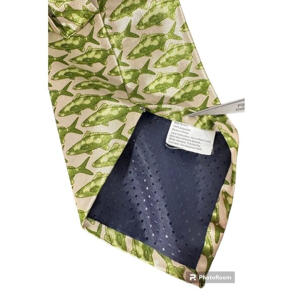 Fishing Fish Necktie Mens Green Gold Fathers Day Dad Pisces Wedding Tie Outdoors - Picture 8 of 11